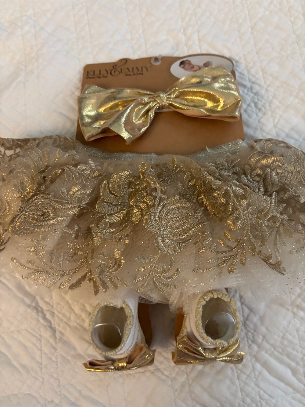 Ellie & Emmy Gold Bow Headband and Embroidered Tutu Set for Girls